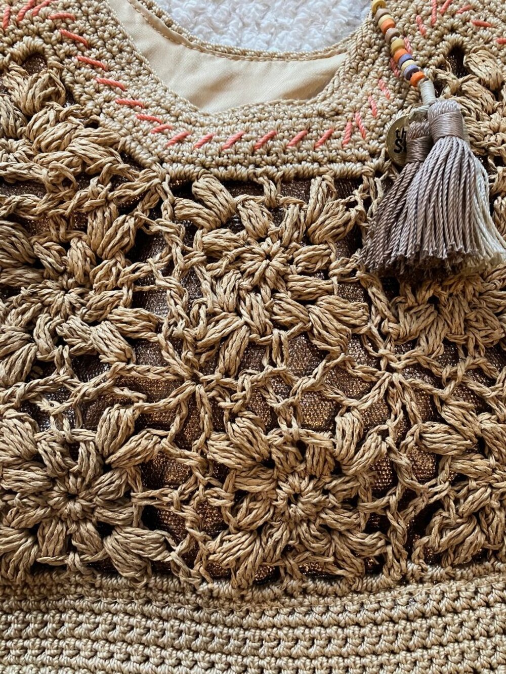 The Sak Crochet Shoulder Bag Tan Floral Knit Tassel Boho Straw Woven Tote Purse - Picture 3 of 12